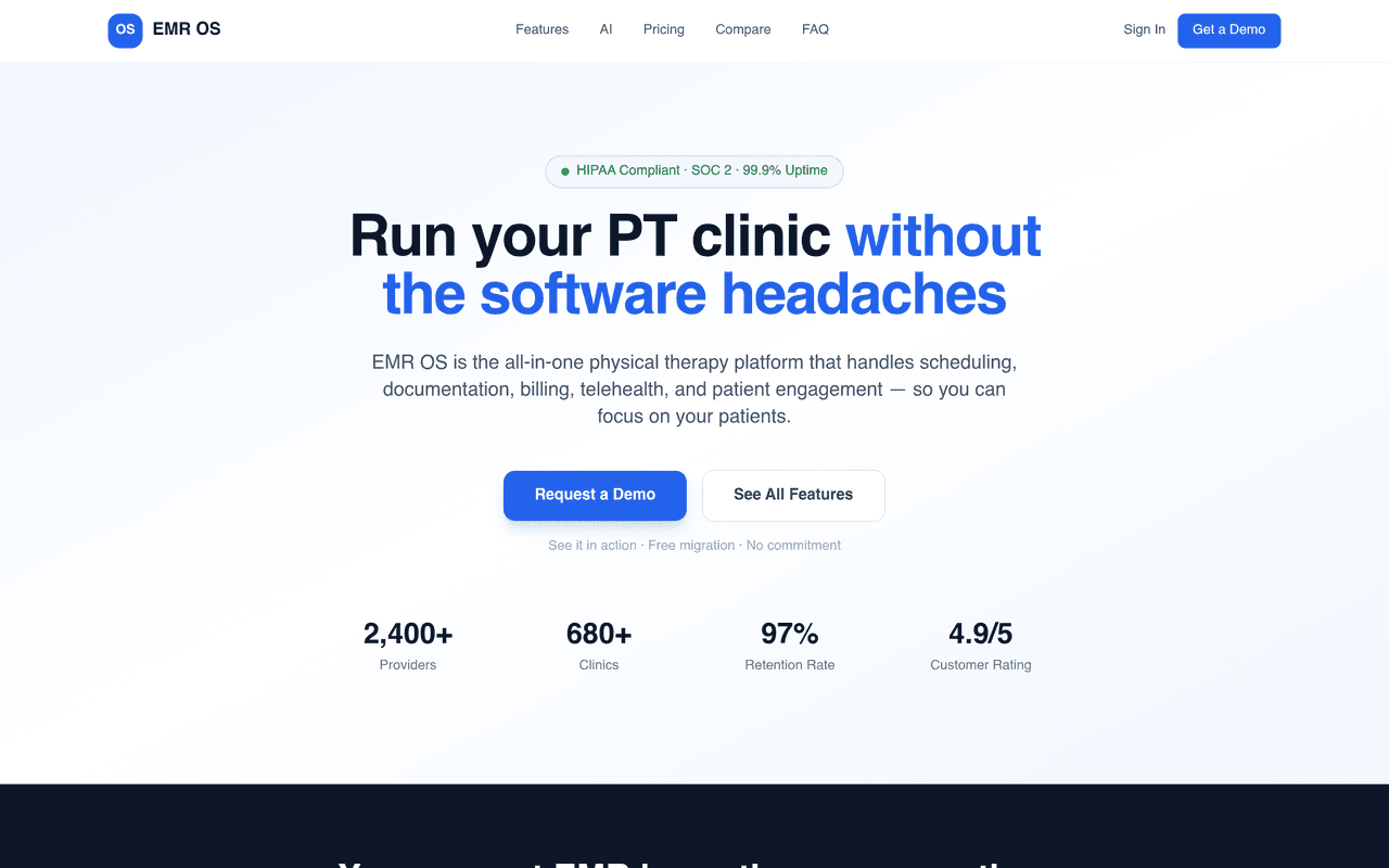 EMR OS dashboard showing the electronic medical records system for physical therapy clinics